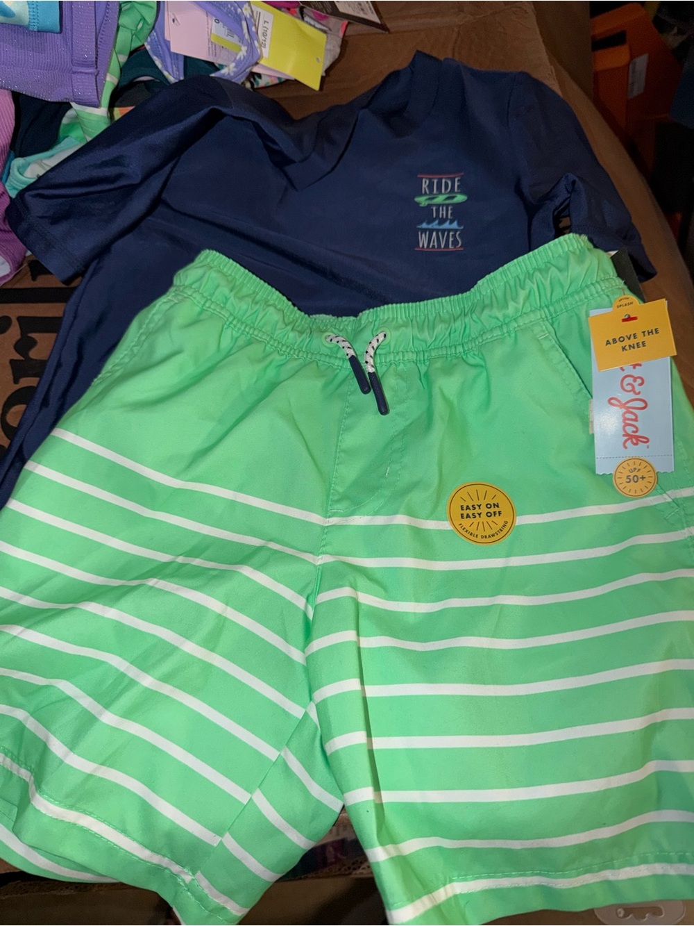 Target Boys Green & White Striped Swim Trunks with Navy Rash Guard